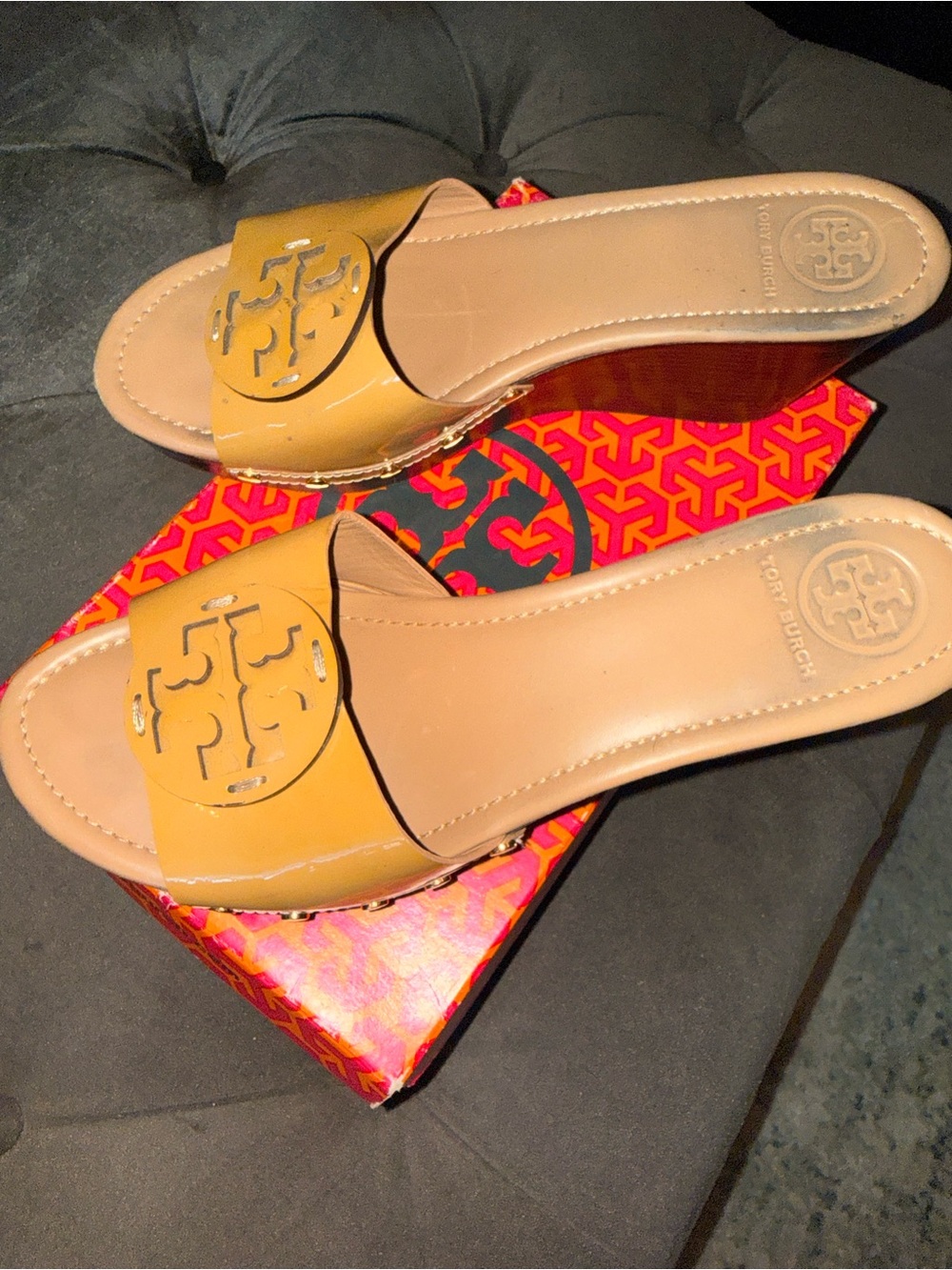 Tory Burch Mustard Leather Wedge Slide Mules